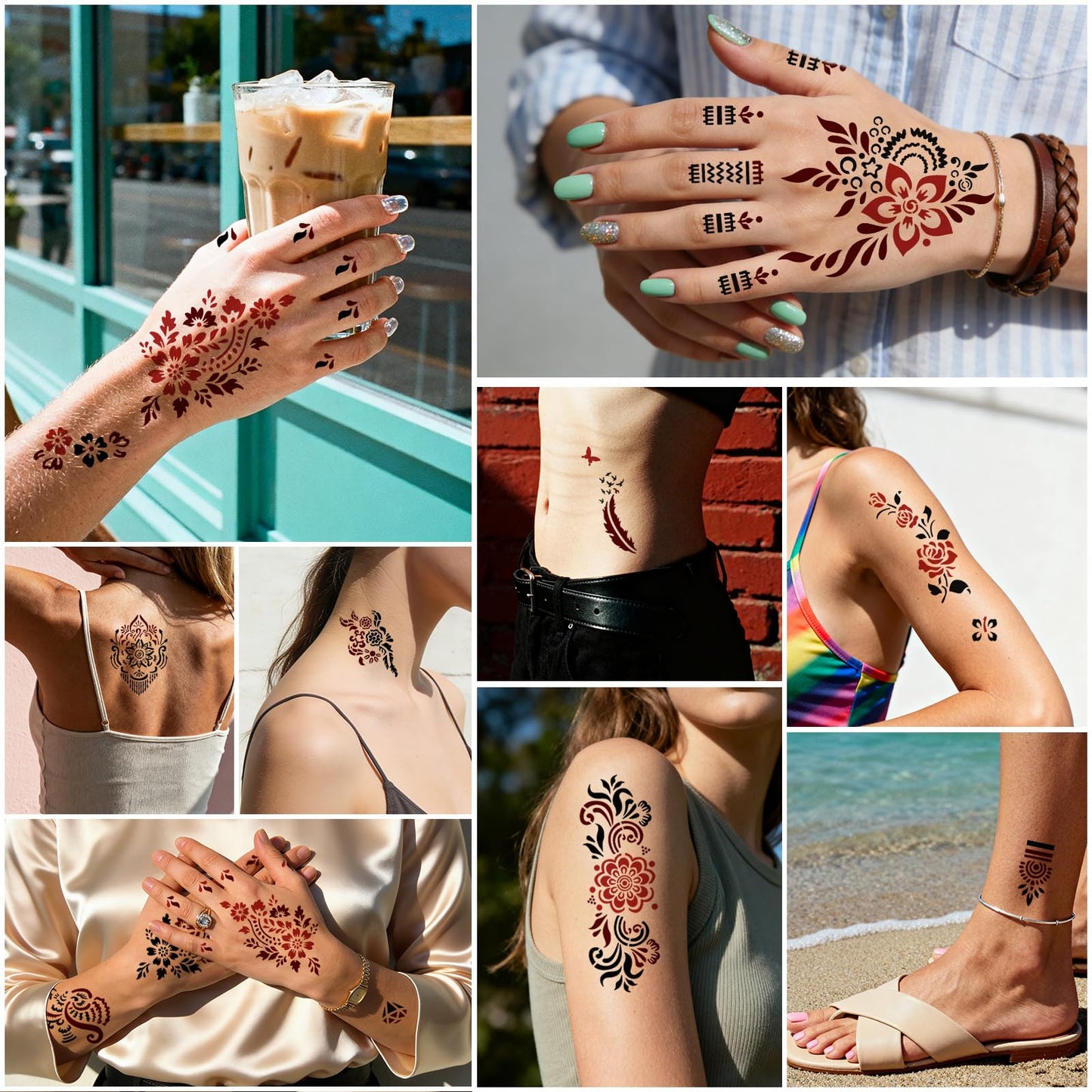 Gabizafia 136 PCS Henna Tattoo Stencil Kit, 6 PCS Ink Brown Black Cherry Red Henna DIY Face Body Art Mehndi Henna Stencils Skin Painting Tattoos Kit for Adult Women Men Bridal Wedding Ramadan Party