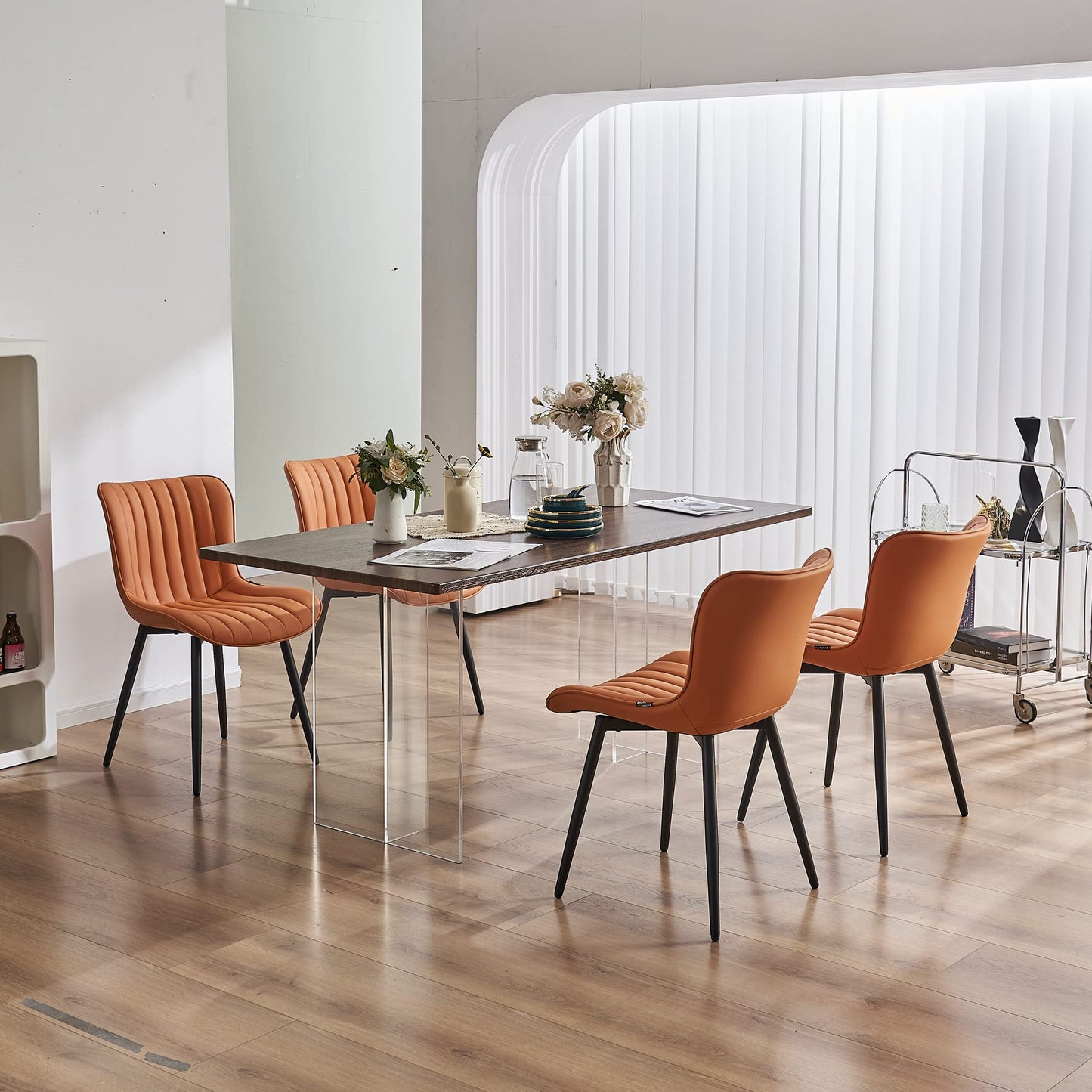 YOUNUOKE Dining Chairs Set of 2 Camel Mid Century Modern Kitchen Chairs Armless Faux Leather Upholstered Dinner Side Chair with Back for Guest Reception Living Room, Matte Orange