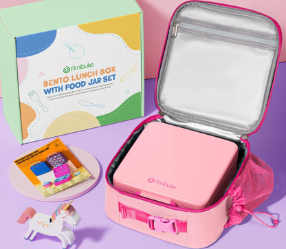 Fimibuke Kids Bento Lunch Box with Thermo, Leakproof Toddler Bento Box with 8.5OZ Insulated Food Jar, Lunch Bag & Utensils BPA Free Dishwasher Safe 3 or 4 Compartment Container for School Girls Boys