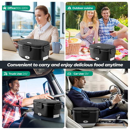 Vidaskeci Electric Lunch Box For Adults, 80W 1.5L Electric Heated Lunch Box Portable Food Warmer for Adults, 12V/24V/110V Car Truck Office Home, Leakproof 304 Stainless Steel Plug in Lunch Heater