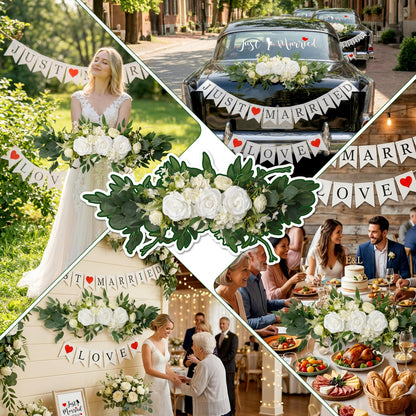 Just Married Car Wedding Decorations Kit with Artificial Flower Floral Swag / Just Married Love Sign Banner and Car Bouquet & Window Decals, Wedding Car Accessories for Bridal Shower Honeymoon Decor