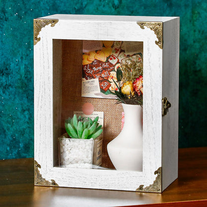 Cinnvoice 8x10 Inch Shadow Box Depth 4.7in Shadow Boxes Display Cases with Cork Board Backing Rustic Burnt Wood Box for Flowers Bouquet Wedding Picture Photo and Keepsake(White)