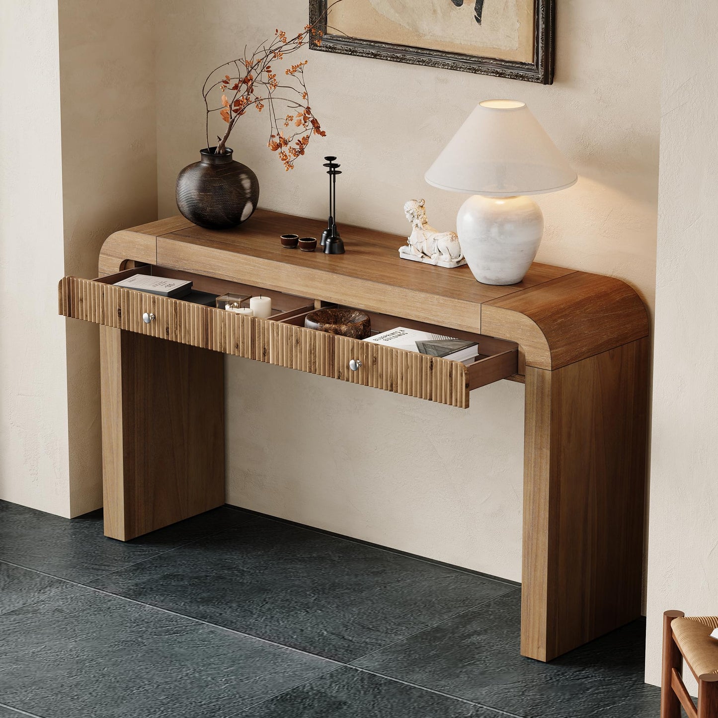 Merax Rustic Console Table with Fluted Drawer Front, Entryway Table with Curved Corners & Thick Legs, Sturdy Sofa Table for Hallway & Living Room, Natural