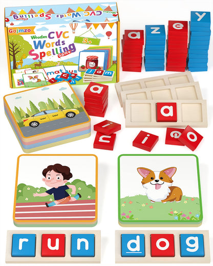 Wooden CVC Word Spelling Games, Montessori Educational Learning Toys Gifts for 3 4 5 6 Year Old Kids, Preschool Kindergarten Learning Activities, Sight Words Flash Cards Reading Letters for Toddlers