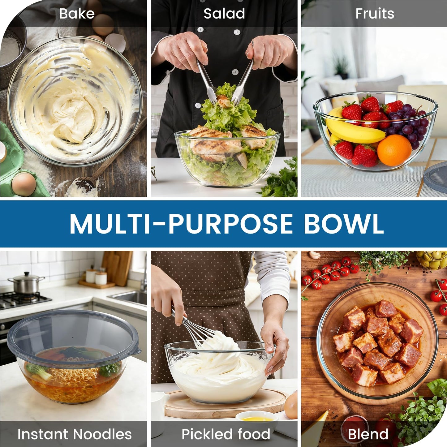 AltarreT Large Glass Bowl for Sourdough Bread Making, 4.7 Quart Glass Mixing Bowl with Lid, Clear Glass Salad Cooking Bowl Kitchen Bread Salad Storage