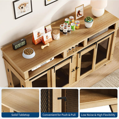 Garvee 71'' Dog Crate Furniture for 2 Dogs, Extra Large Double Dog Kennel Indoor with Removable Divider and Storage Drawers, Wooden Dog Crate TV Stand for Large Medium Dogs