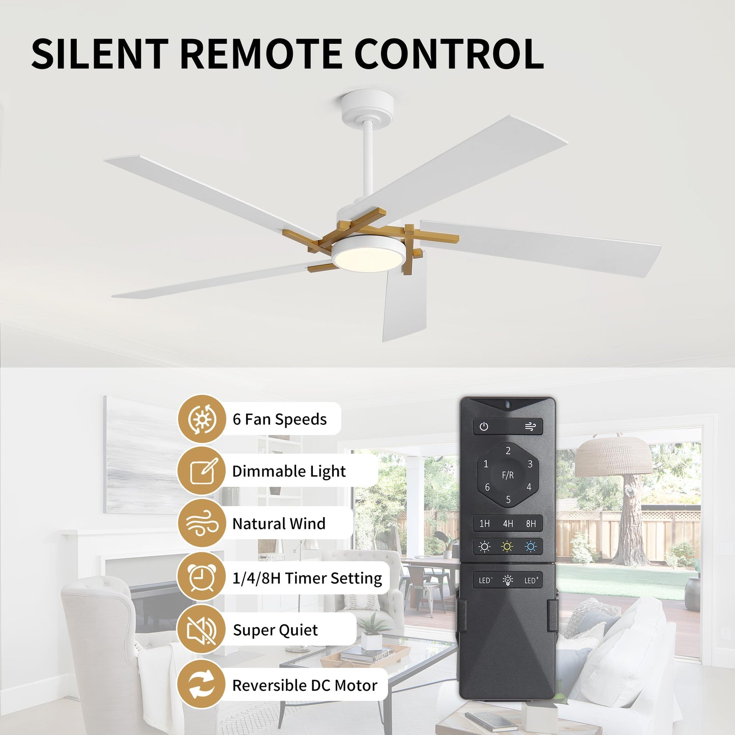 WINGBO 64 Inch Ceiling Fan with Light and Remote, 5 Plywood Blades, 6-Speed Reversible DC Motor, Dimmable, 3CCT, Modern Ceiling Fan for Bedroom Living Room Kitchen, Gold and White