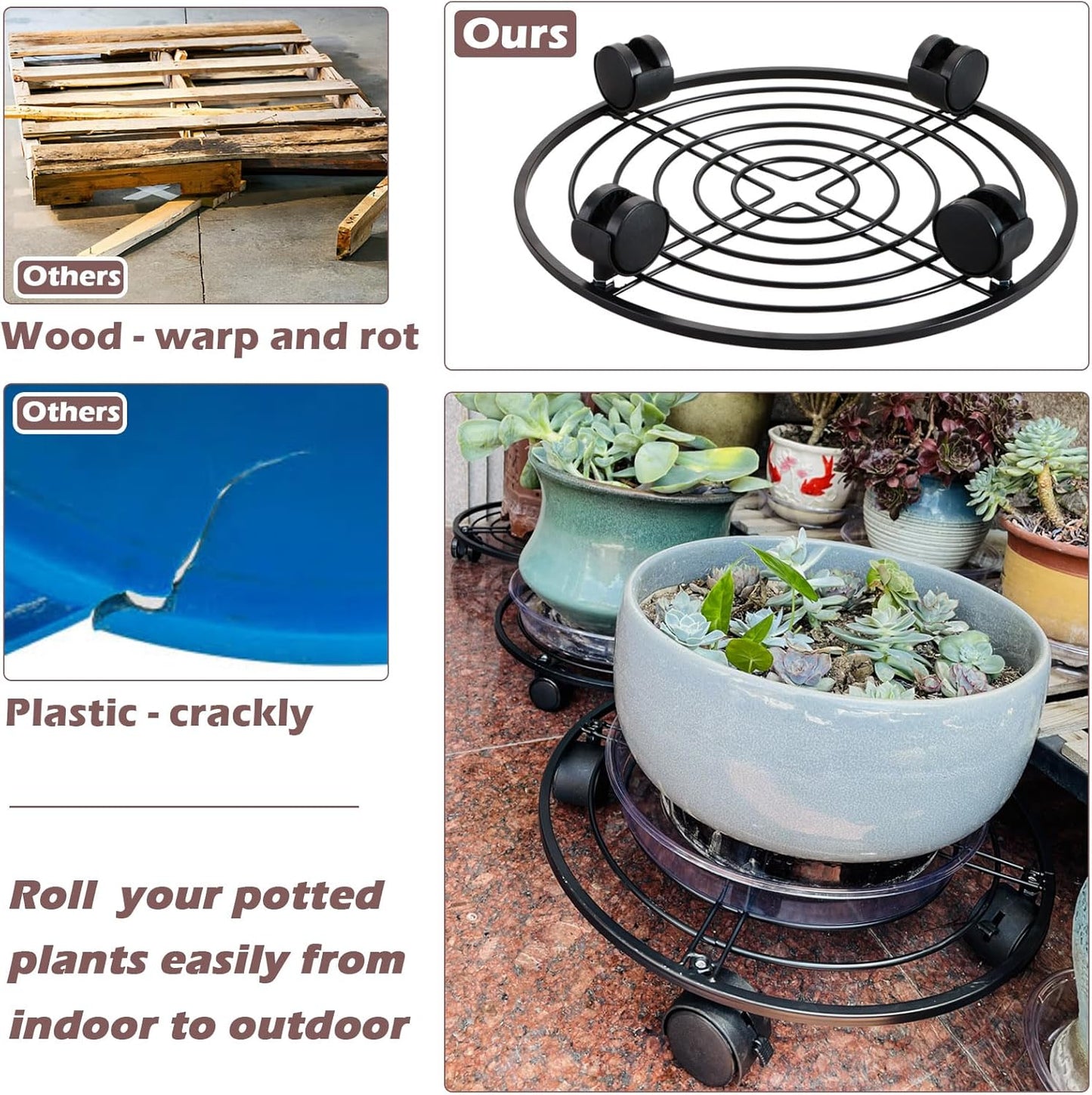 lucpur 12" 3 Packs Metal Plant Caddy with Wheels Large Rolling Plant Stands Indoor Wheeled Plant Dolly Heavy-duty