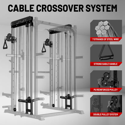 JELENS Smith Machine for Home Gym, Multi-Function M12 Power Cage, Squat Rack with Smith Bar and More Attachment (Black, 140LB Black Weights Package)