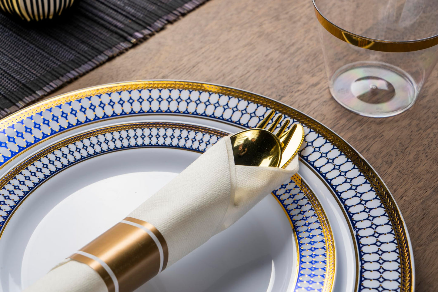 MONEST 350Pcs Blue and Gold Plastic Silverware Set for 50 Guests, Disposable Dinnerware Set includes: 50 Pre Rolled Napkins with Utensils, 50 Dinner Plates, 50 Dessert Plates, 50 Cups (Royal Sapphire)