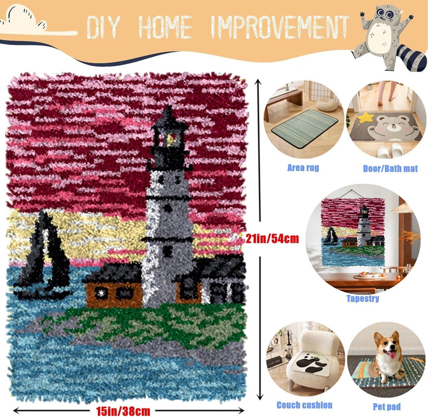 EMISTEM Latch Hook Kits for Adults - DIY Latch Hook Rug Kits, Crochet Kit for Beginners, Rug Making Kits with Printed Canvas, Gift Packaging.(Lighthouse and Sailboat, 20x15)