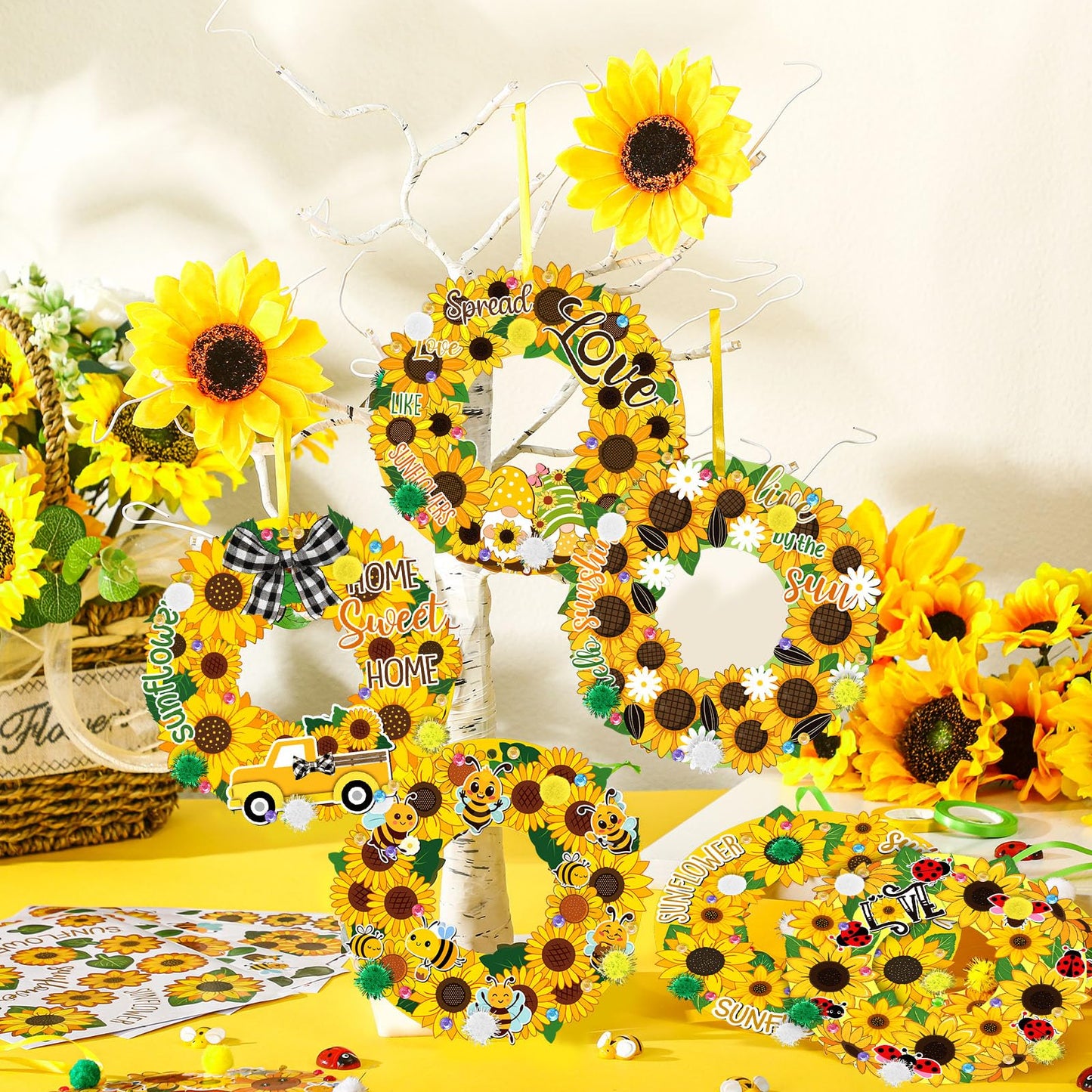 Hollowfly 48 Sets Sunflower Craft Kits DIY Spring Wreath Hanging Ornaments Make Your Own Paper Summer Craft with Bee Daisy Stickers for Home Summer Activities Party Decor
