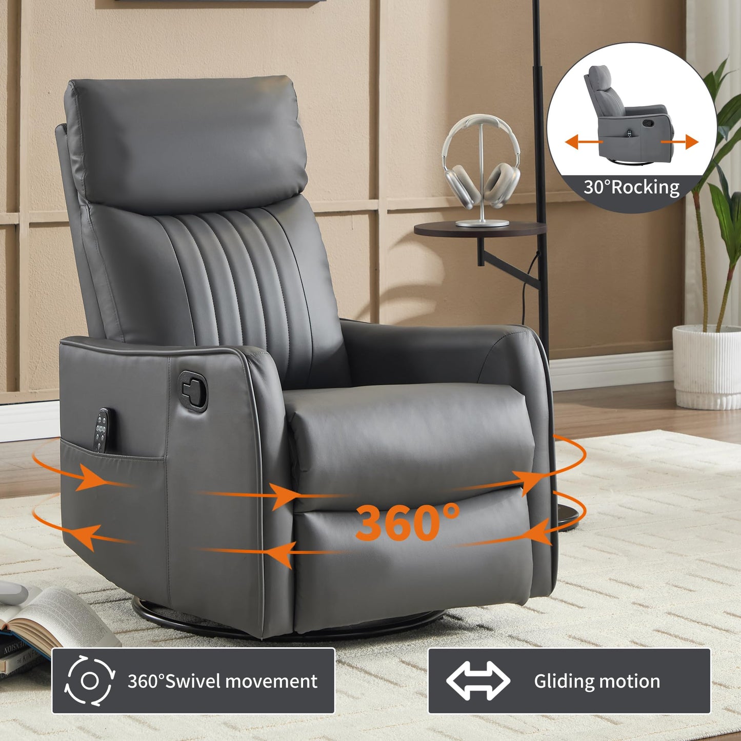 KEIKI 4-in-1 Manual Swivel Rocker Recliner Chair for Living Room, Faux Leather Nursery Glider Rocking Chairs with Back Massager & Heat, Built for RV Travel Living and Mobile Home, Grey