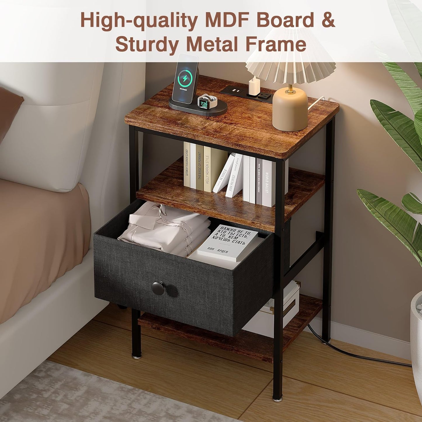 VECELO Nightstand with Charging Station,Bedside Table with Storage Shelf&Fabric Drawer,End Tables for Bedroom,Living