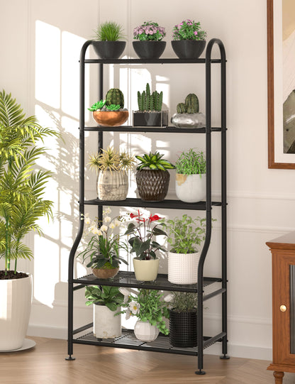 Yutrchey 5-Tier Metal Plant Stand - Heavy Duty Indoor Outdoor Flower Shelf for Multiple Pots, 65" Tall Vertical Holder with Adjustable Leveling Feet & Wall-Fixing Kits, Black