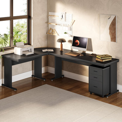 LITTLE TREE 82.67" Long Executive Desk Large L-Shaped Computer Office Desk with 3-Drawer Mobile File Cabinet, Industrial Business Furniture Desk Workstation for Home Office, Black