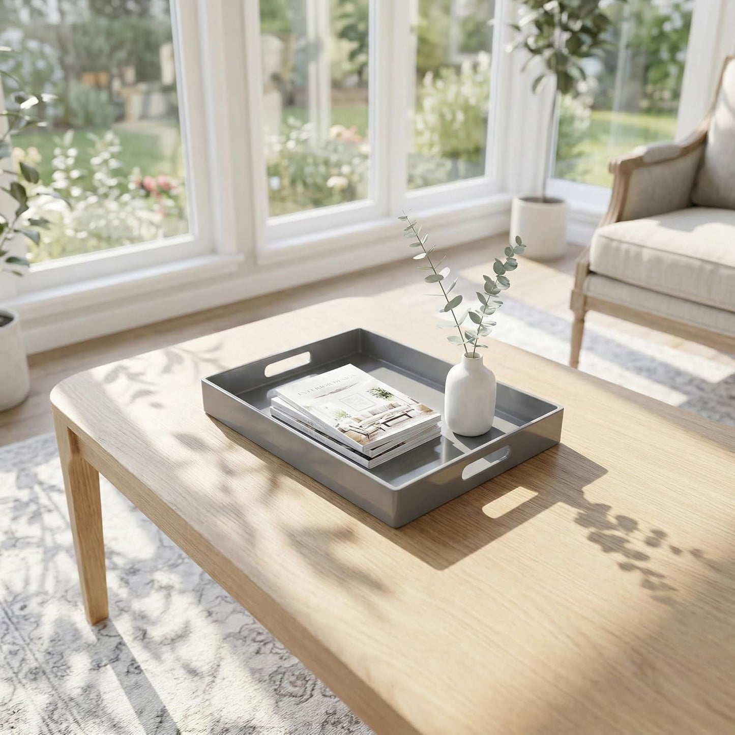 15.7 11.8 x1.6 Grey Decorative Tray, Rectangular Large Serving Tray with Handles, Plastic Coffee Table Tray