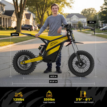 Heybike Villain Electric Dirt Bike with 4160W Motor, 52V 26AH E Dirt Bike, 14/12" Fat Tire Dirtbike with Hydraulic Brakes, Up to 45 MPH & 50 Miles Moped Style Ebike（Standard; Sunflower Yellow）