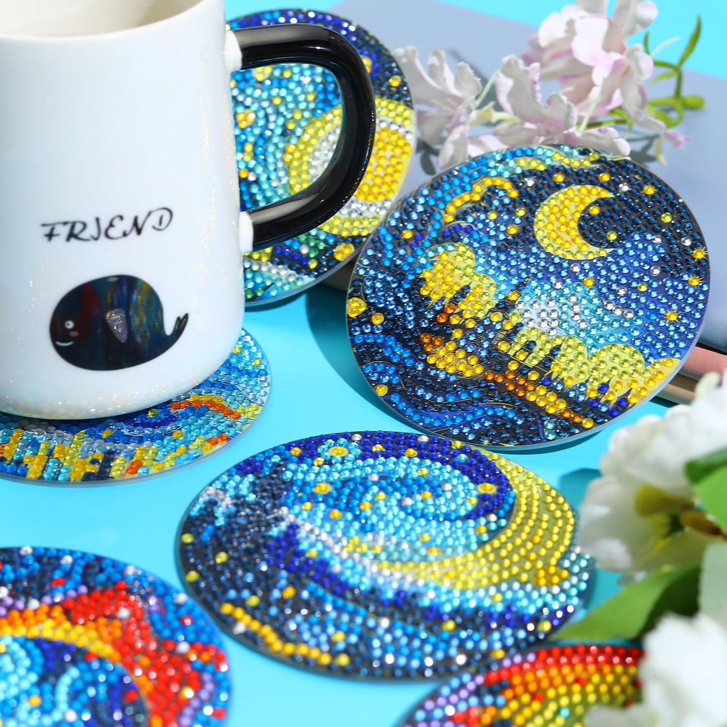 8 PCS Moon Diamond Art Coasters Kits, Diamond Painting Coasters with Holder Set of 8, DIY Drink Coasters Art Crafts Supplies for Adults Cup Mat for Home Decor House Warming Gifts Non-Slip 3.9inch