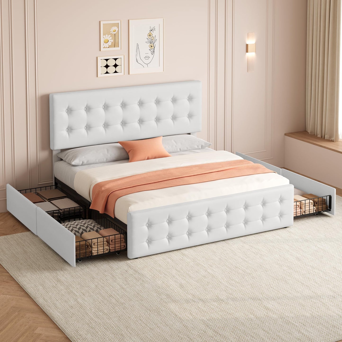 GarveeHome King Size Bed Frame with 4 Storage Drawers and Faux Leather Upholstered Headboard, Wooden Slats Support, Button Tufted Design, No Box Spring Needed, White