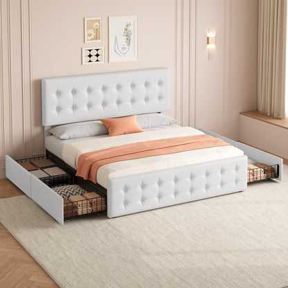 GarveeHome King Size Bed Frame with 4 Storage Drawers and Faux Leather Upholstered Headboard, Wooden Slats Support, Button Tufted Design, No Box Spring Needed, White