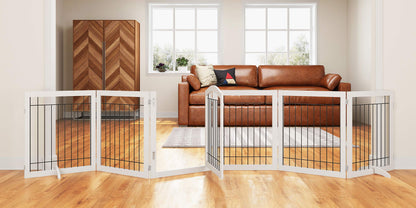 PAWLAND 144-inch Extra Wide 30-inches Tall Dog gate with Door Walk Through, Freestanding Wire Pet Gate for The House, Doorway, Stairs, Pet Puppy Safety Fence, Support Feet Included, White,6 Panels