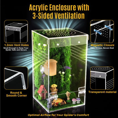 Feekoon Jumping Spider Enclosure Kit, Acrylic Insect Terrarium, Transparent Bug Habitat for Praying Mantis & Small Arboreal Species, Complete Starter Tank with Ventilation