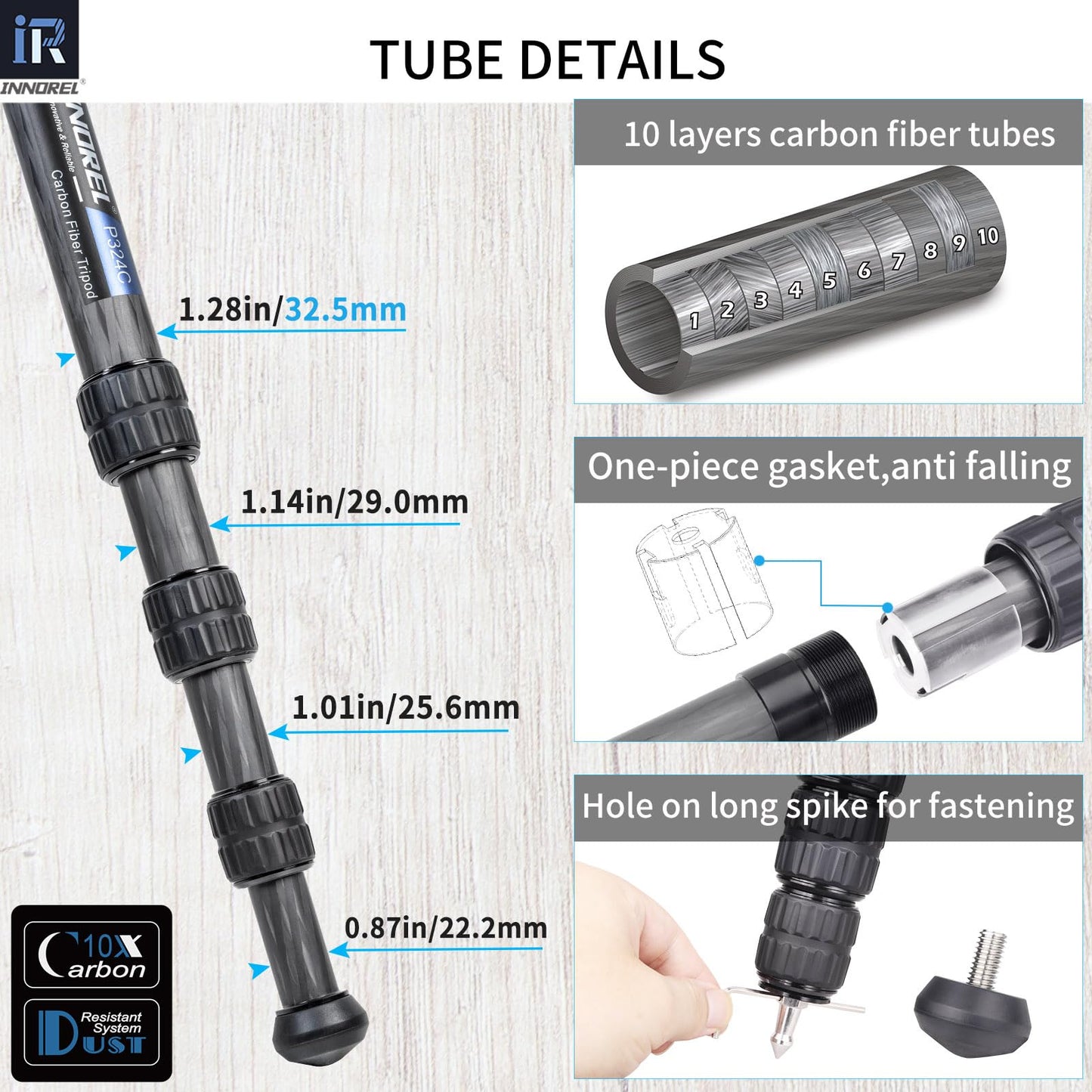 INNOREL P324C 65.6" Carbon Fiber Tripod for Hunting, 360° Rotating Ball Head(1.7"),with Arca Swiss Dovetail Mount,55lb/25kg Load, 32mm Tube Stable Tripod for Photography and Outdoors