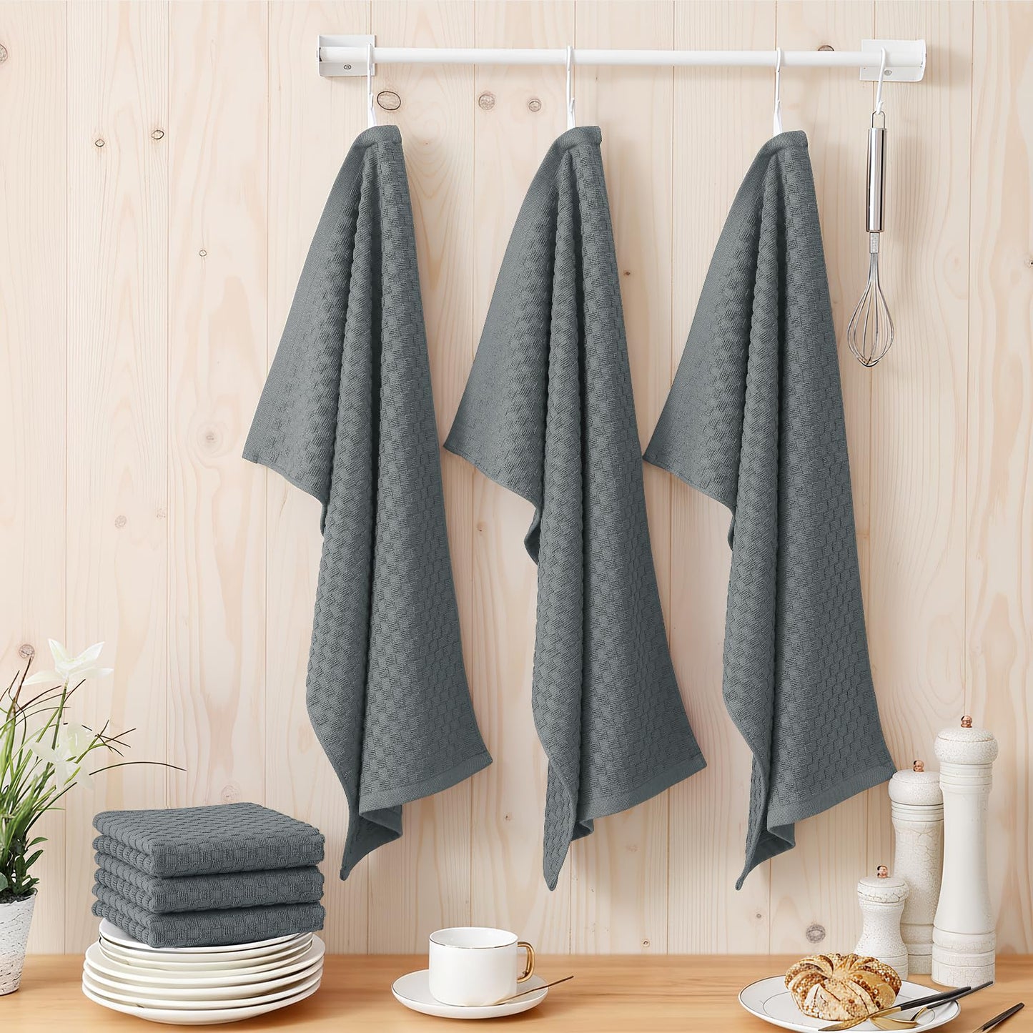 Homaxy 100% Cotton Terry Kitchen Towels(15" x 25", 6 Pack), Soft and Super Absorbent Dish Towels, 380 GSM Reusable Tea Towel with Hanging Loop, Pineapple Grid Designed, Dark Grey