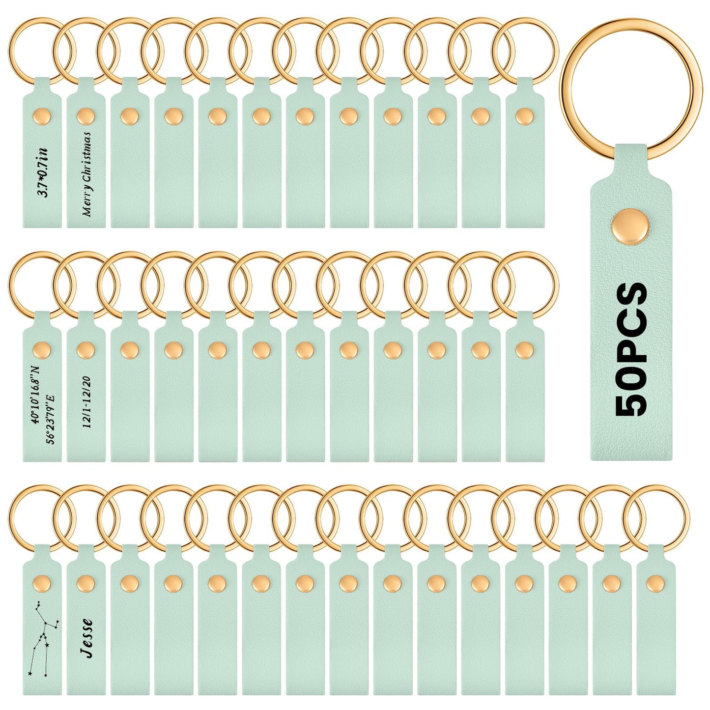 Wavyknot 50 Pcs PU Leather Keychain Blanks Bulk Laser Engraving Blanks Keychain Kit with Key Rings for DIY Key Chains Craft(3.7 x 0.7 Inches, Light Green)