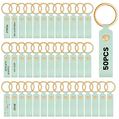 Wavyknot 50 Pcs PU Leather Keychain Blanks Bulk Laser Engraving Blanks Keychain Kit with Key Rings for DIY Key Chains Craft(3.7 x 0.7 Inches, Light Green)