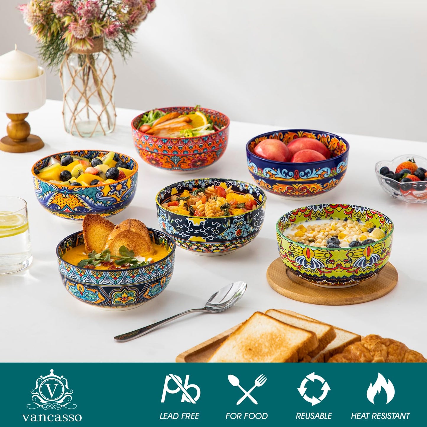 vancasso Cereal Bowls Set of 6, Porcelain Bowls for Eating, 28 oz Colorful Soup Bowls, Bohemian Ceramic Bowls for Salad, Fruit, Pasta, Microwave & Dishwasher Safe Bowls Set