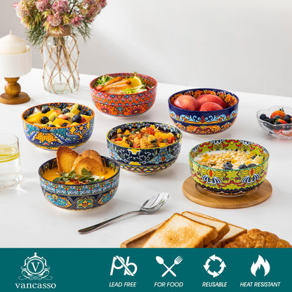 vancasso Cereal Bowls Set of 6, Porcelain Bowls for Eating, 28 oz Colorful Soup Bowls, Bohemian Ceramic Bowls for Salad, Fruit, Pasta, Microwave & Dishwasher Safe Bowls Set