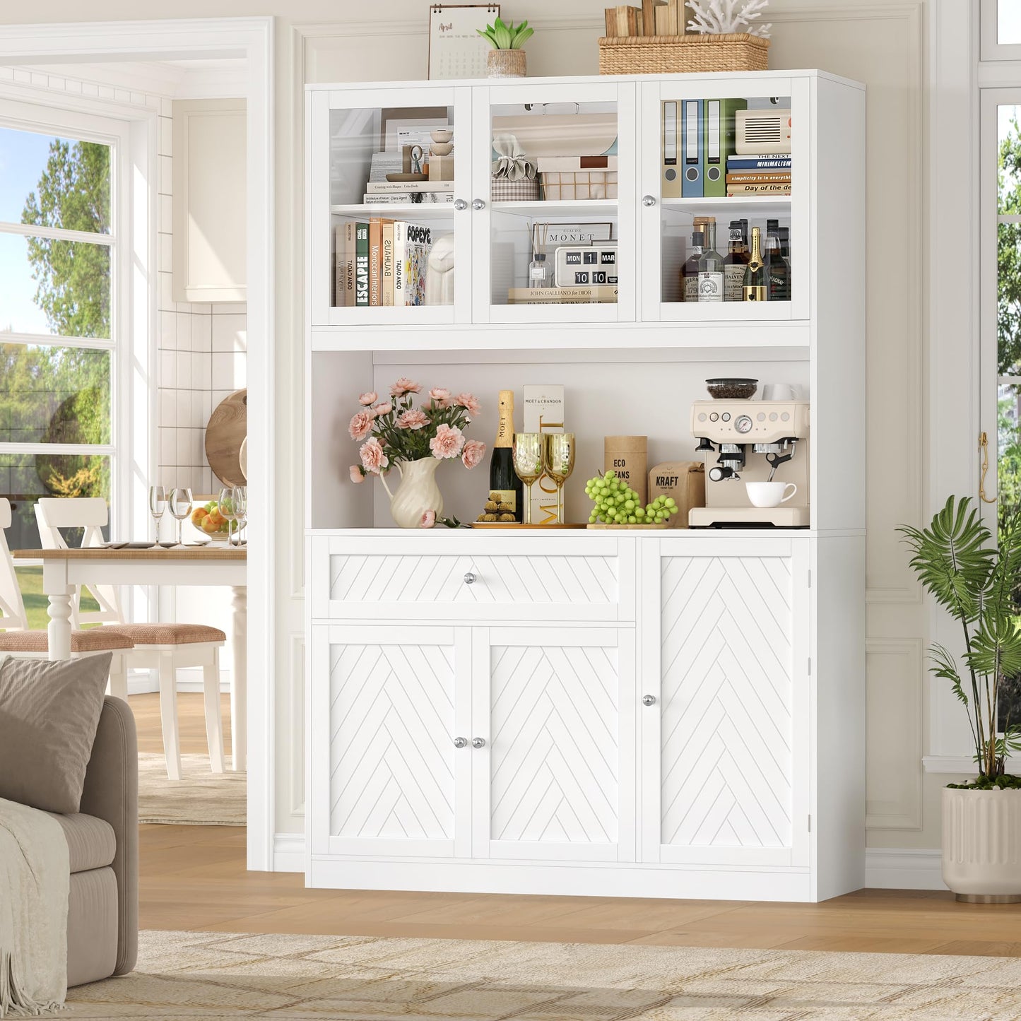 BOTLOG 72” Tall Kitchen Pantry Storage Cabinet, Modern White Kitchen Hutch with Large Storage Drawer, Countertop, Adjustable Shelves, Food Pantry Cabinets for Dining Room, Living Room