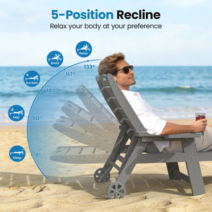 UDPATIO Outdoor Chaise Lounge Chair, HDPE Patio Lounge Chairs for Outside with Wheels & Cup Holder, Reclining Seating with 5 Position for Poolside Deck Garden Indoor,Grey,2PCS