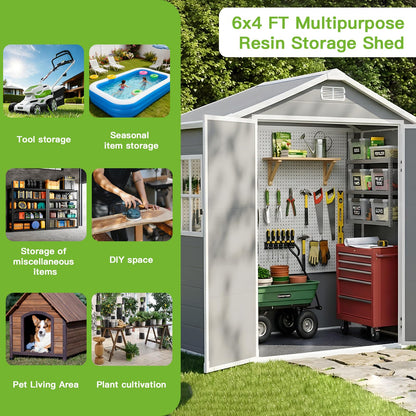 AIRAJ 6x4 FT Outdoor Storage Shed,Resin Storage Shed with Floor/Window/Vent/Roof Rainwater Drainage/Lockable Door,All-Weather Plastic Garden Sheds,for Yard,Garden,Poolside,Lawn Mower,Seasonal Items
