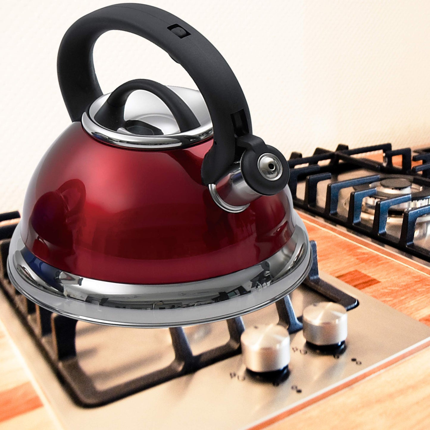 Creative Home Alexa 3.0 Quart Stainless Steel Whistling Tea Kettle Fast Boiling Heat Water for Stovetop Whistle Tea Pot, Metallic Cranberry
