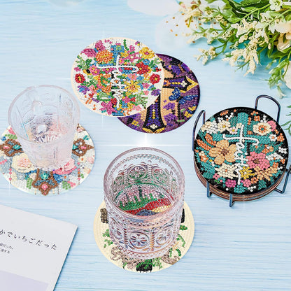 igoodom 8 Pcs Cross Diamond Art Coasters Kit with Holder, DIY Cross Diamond Painting Coasters for Beginners Adults, Non Slip Diamond Art Kits Craft Supplies 4x4inch