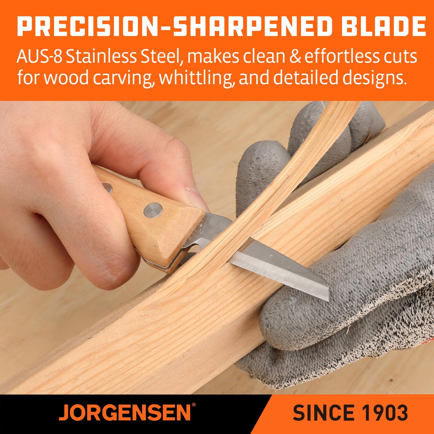 Jorgensen 3-Piece Wood Carving Tools, Stainless Steel Whittling Knife Set with Canvas Pouch, Protective Blade Cover, Ergonomic Curved Handle - Professional Wood Carving Kit for Beginners