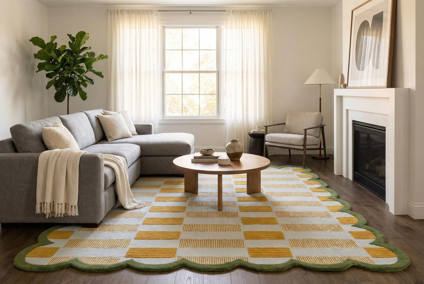 RUGWYN Hand-Tufted Scalloped Wool Area Rug, Modern Plaid Checkered Pattern, Soft & Durable Cozy Accent Rug for Living Room, Bedroom & Nursery, Handmade Decorative Floor Carpet (Light Blue, 8' x 10')