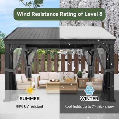 Aoxun 10' X 12' Single Hardtop Gazebo, Aoxun Outdoor Pavilion with Galvanized Steel Gable Roof, Fully Enclosed Netting Permanent Metal Gazebo Canopy for Patio Backyard Garden Deck
