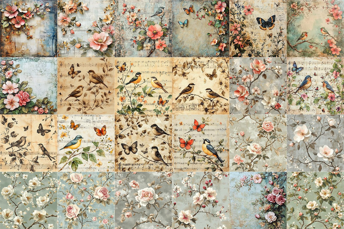 FLONZ Scrapbook Paper (24 sheets 6"x6") Vintage Blossom Birds ~ A delicate collection of floral and songbird illustrations in aged pastel tones with distressed textures and soft painterly charm