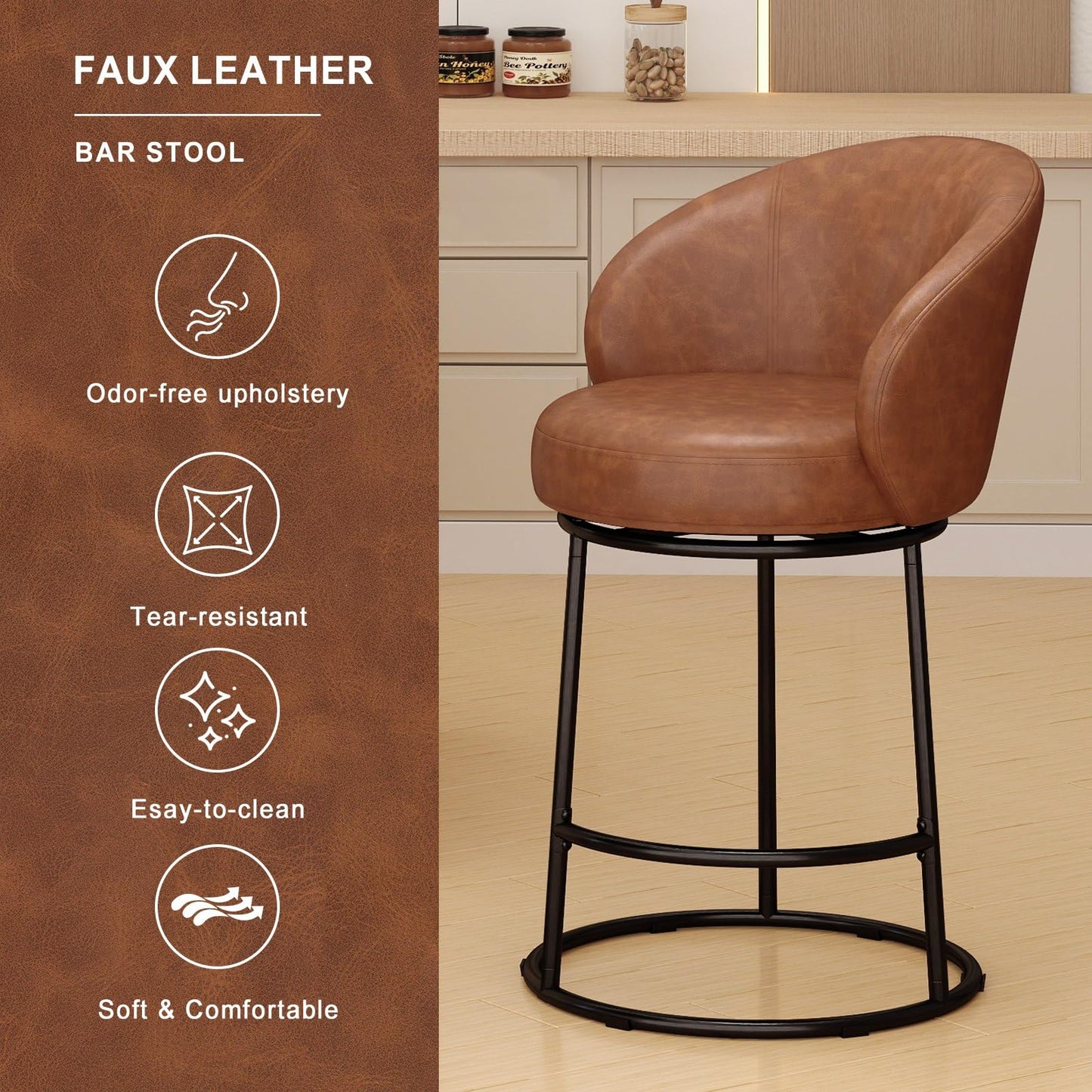 SAECKBERG Swivel Counter Height Bar Stools Set of 3, 26" H Modern Bar Height Stools for Kitchen Island, Upholstered Barstools with Backs, Brown Counter Stools Chairs, Faux Leather