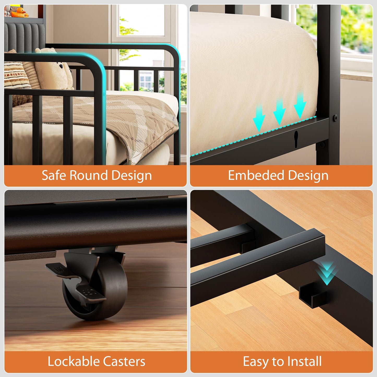 Daybed with Trundle and LED Light, Heavy Duty Metal Twin Bed Frame with Upholstered Storage Headboard & Charging Station, Day Bed Pop Up Trundle Bed Twin for Living Room,Bedroom and Guest Room, Brown