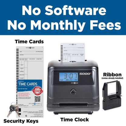 Pyramid Time Systems - Model 5000 Auto Totaling Time Clock, Employee in/Out Time Tracker for Small Business, Includes: 25 Time Cards,1 Ink Ribbon Cartridge, 2 Security Keys and User Guide - Black