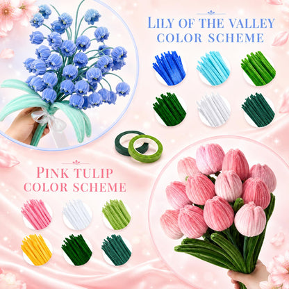 Vorplick Pipe Cleaner Flower Kit, 950 Pcs Pipe Cleaners Craft, Chenille Stems for DIY Flower Making Kit with Instructions, Floral Wires, Stamen& Ribbon for Adults and Kids