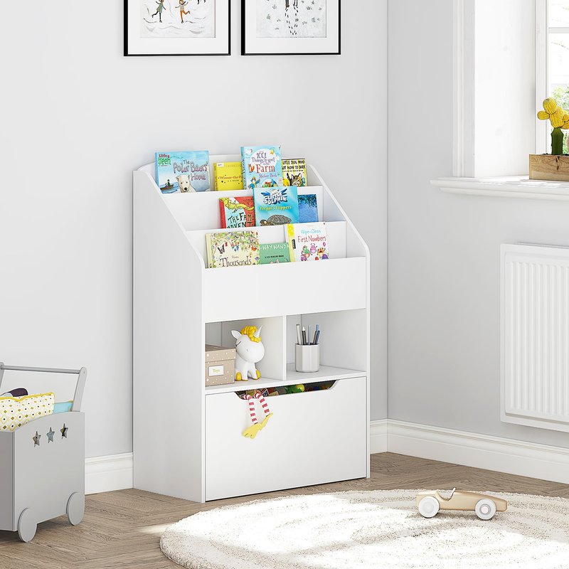 UTEX Kids Bookshelf with Movable Toy Box, Toddler Book Shelf and Toy Storage, Children Book Display Rack Toy Chest Combo for Kids Room & Nursery, White