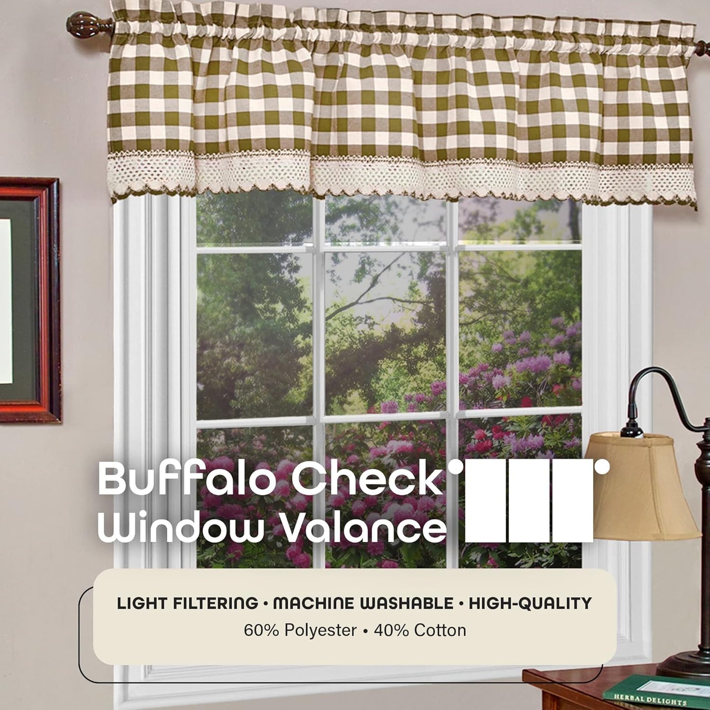 Buffalo Check Valance Window Curtains by Achim Home Decor, 58 Inch Width, 14 Inch Length, Taupe Brown & Ivory Plaid