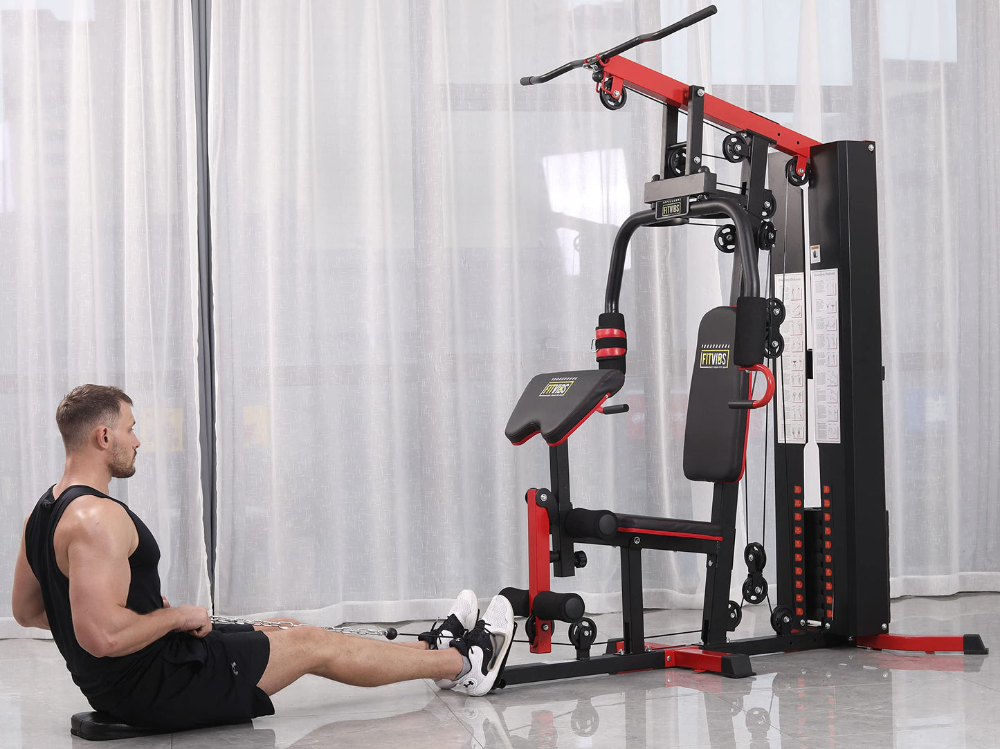 Fitvids Multifunctional Home Gym System Workout Station with Leg Extension and Preacher Curl, 122.5LB Weight Stack, M750, Multiple Pacakges