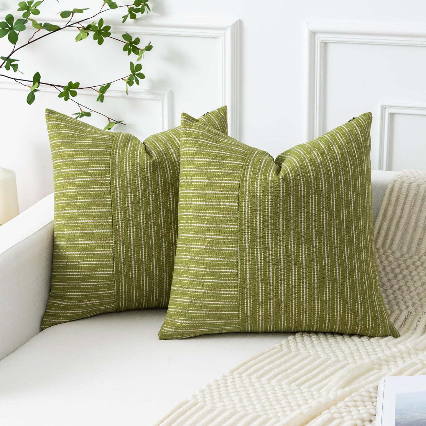 18x18, Set 2, Kevin Textile Light Green and Beige Farmhouse Striped Patchwork Linen Spring Decorative Throw Pillows